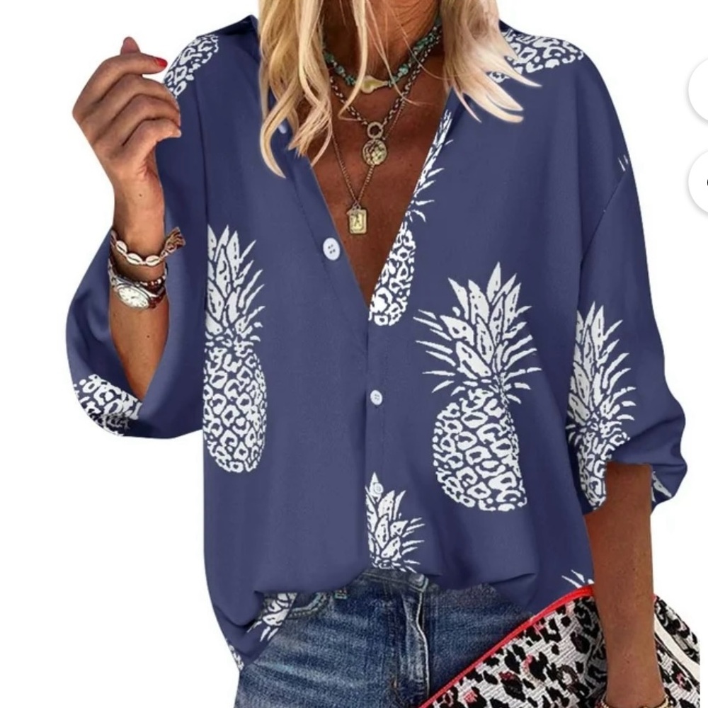 Navy Pineapple Print Women's Top Blouse Button Up